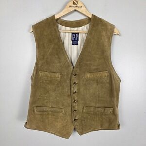 GAP Vintage Leather Suede Vest Waistcoat Tan Brown Leather Button Pockets Size M